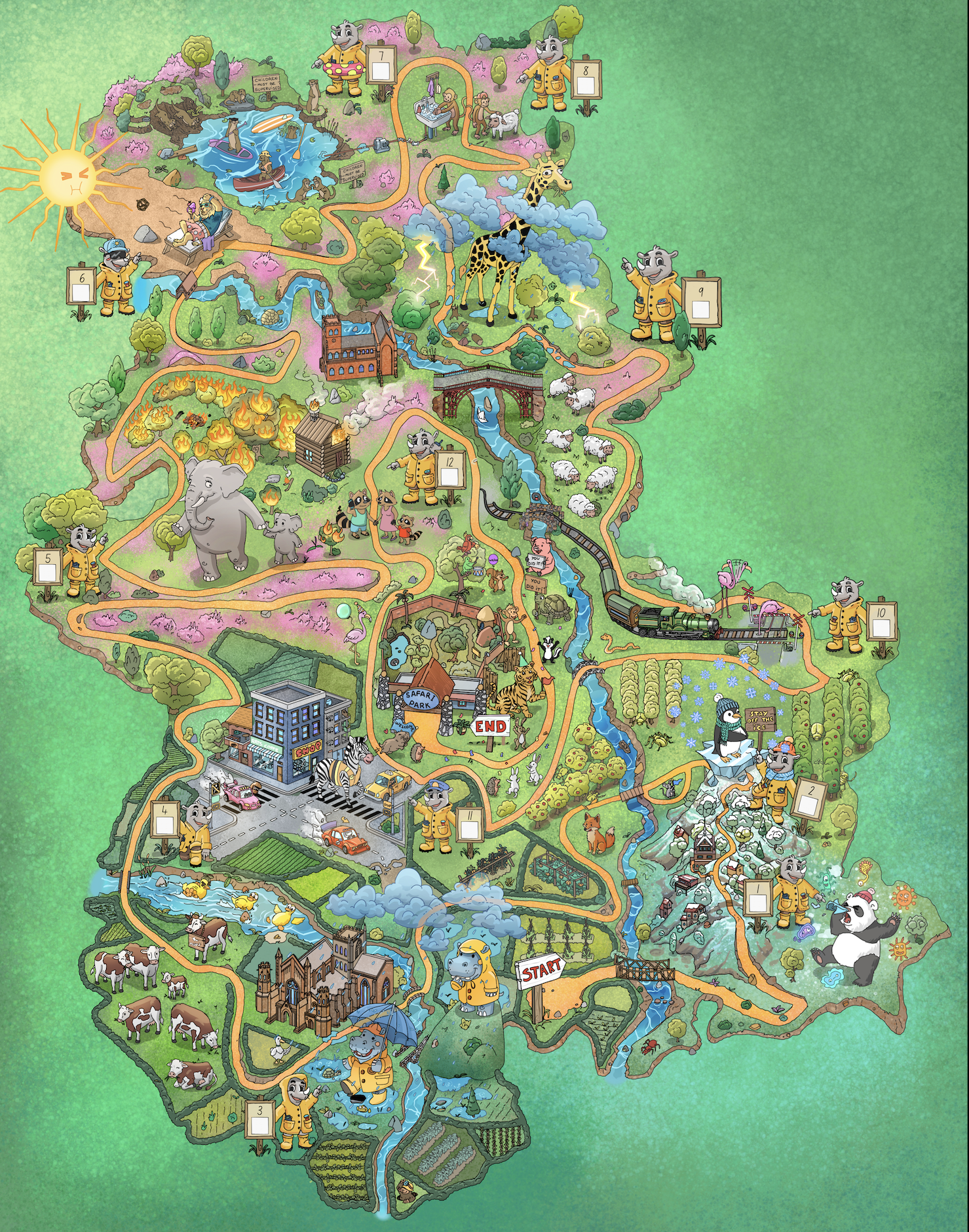 Illustrated West Mercia map showing the maze route, Ready Rhino checkpoints and community risks