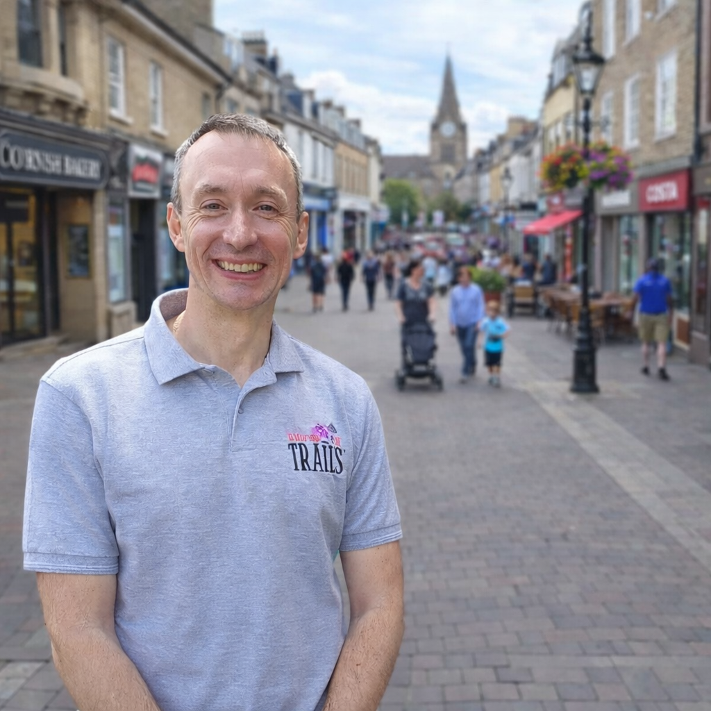 Daniel Johnson, founder of Treasure Map Trails, in a town centre
