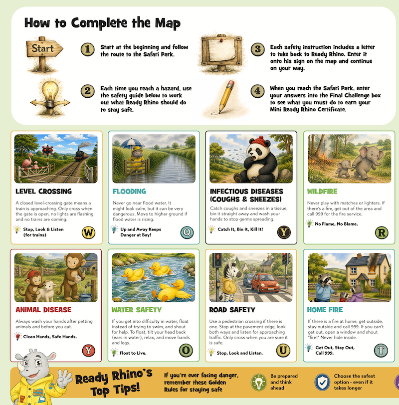 The reverse of the map, with the maze instructions and safety cards